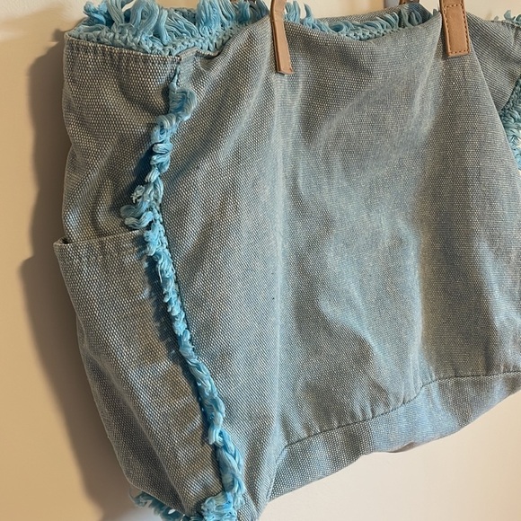 Sun N Sand Beach Bag Denim Frayed Light Blue Tan Zipper - Picture 3 of 11